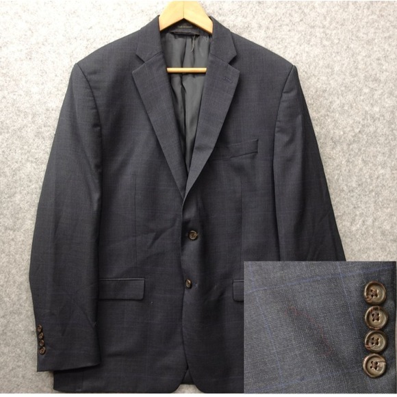 Vintage Ralph Lauren Windowpane Blazer Men 42R Blue Wool Sharkskin Jacket LAUREN